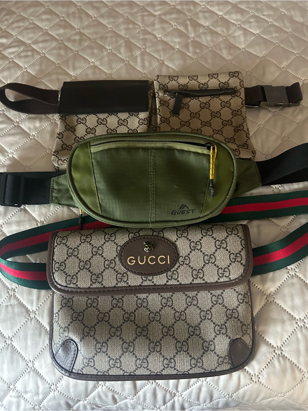 Belt Bags - Fashion with Green Red Webbing and Brown Trim